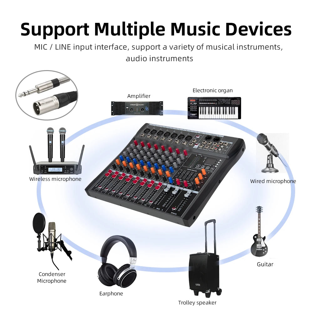 8 channel professional mixer mixing console Bluetooth USB computer input 48v power supply number live performance Dj mixe