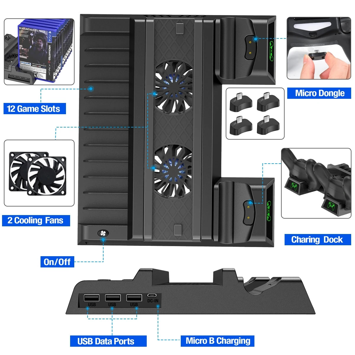 For PS4 Slim/PS4 Pro/PS4 Vertical Stand With Cooling Fan Dual Controller Charging Station For Playstation 4 For PS4 Accessories