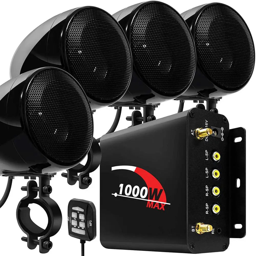 1000W Motorcycle Stereo Bluetooth Multmedia Amplifier 4 Speakers MP3 Audio Player System Support FM Radio, USB, SD Card, AUX