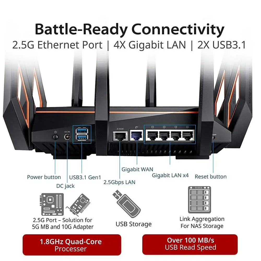 ASUS GT-AX11000 Tri-band Wi-Fi Gaming Router World's First 10 Gigabit With Quad-Core Processor 2.5G Gaming Port DFS WiFi 6