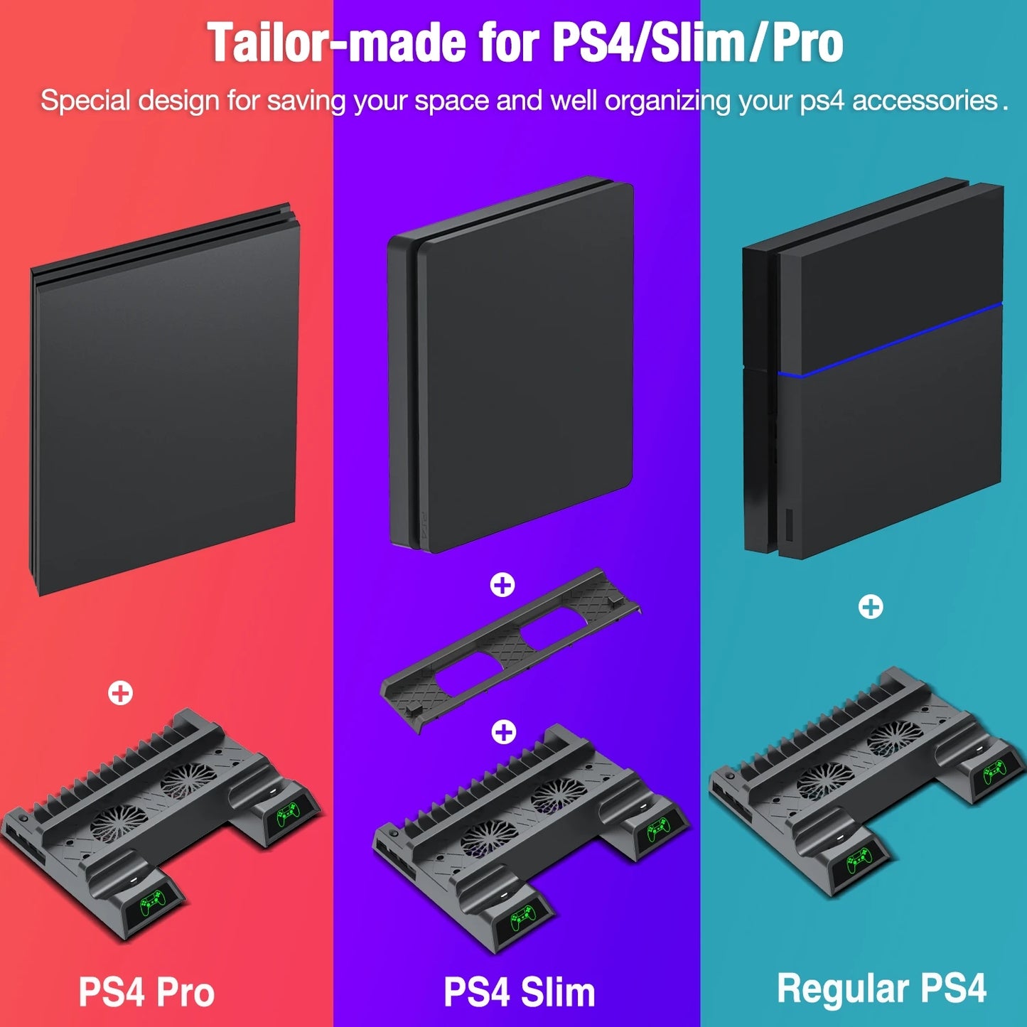 For PS4 Slim/PS4 Pro/PS4 Vertical Stand With Cooling Fan Dual Controller Charging Station For Playstation 4 For PS4 Accessories