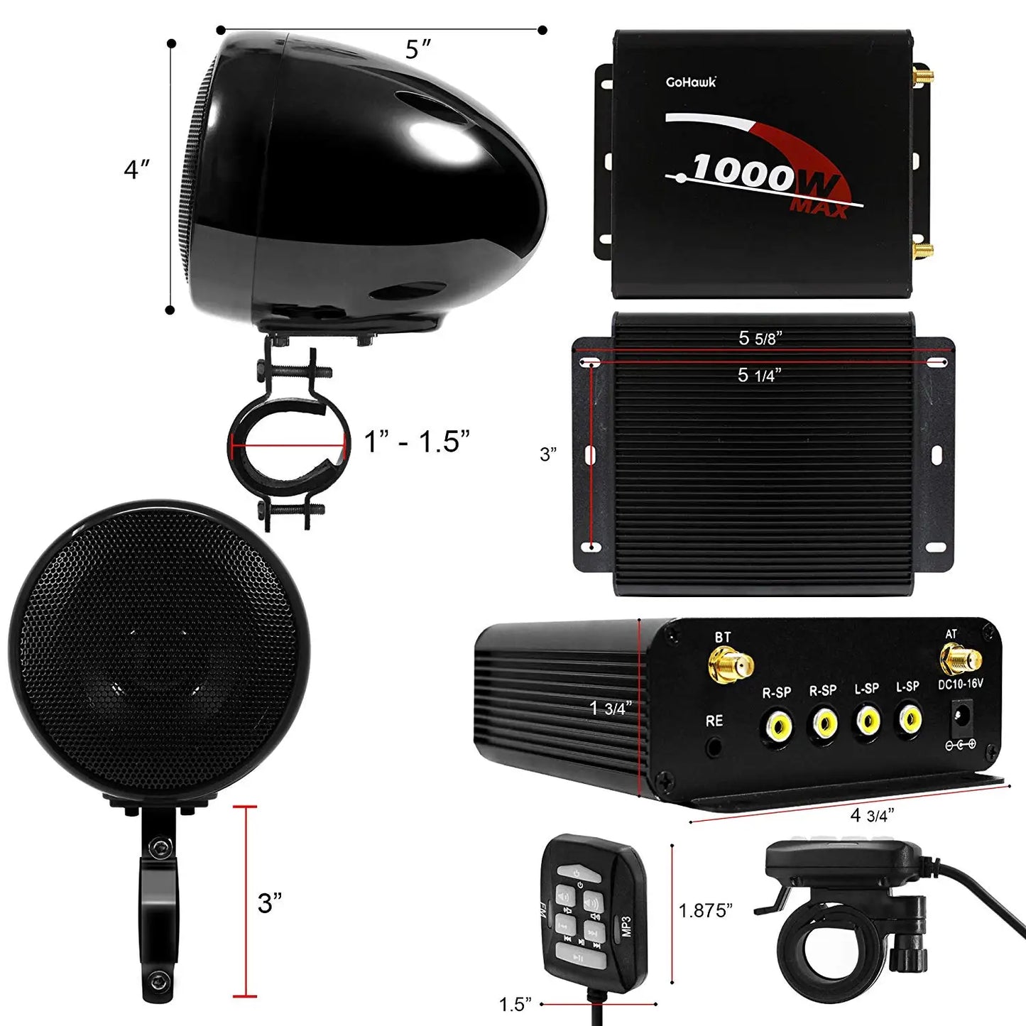 1000W Motorcycle Stereo Bluetooth Multmedia Amplifier 4 Speakers MP3 Audio Player System Support FM Radio, USB, SD Card, AUX