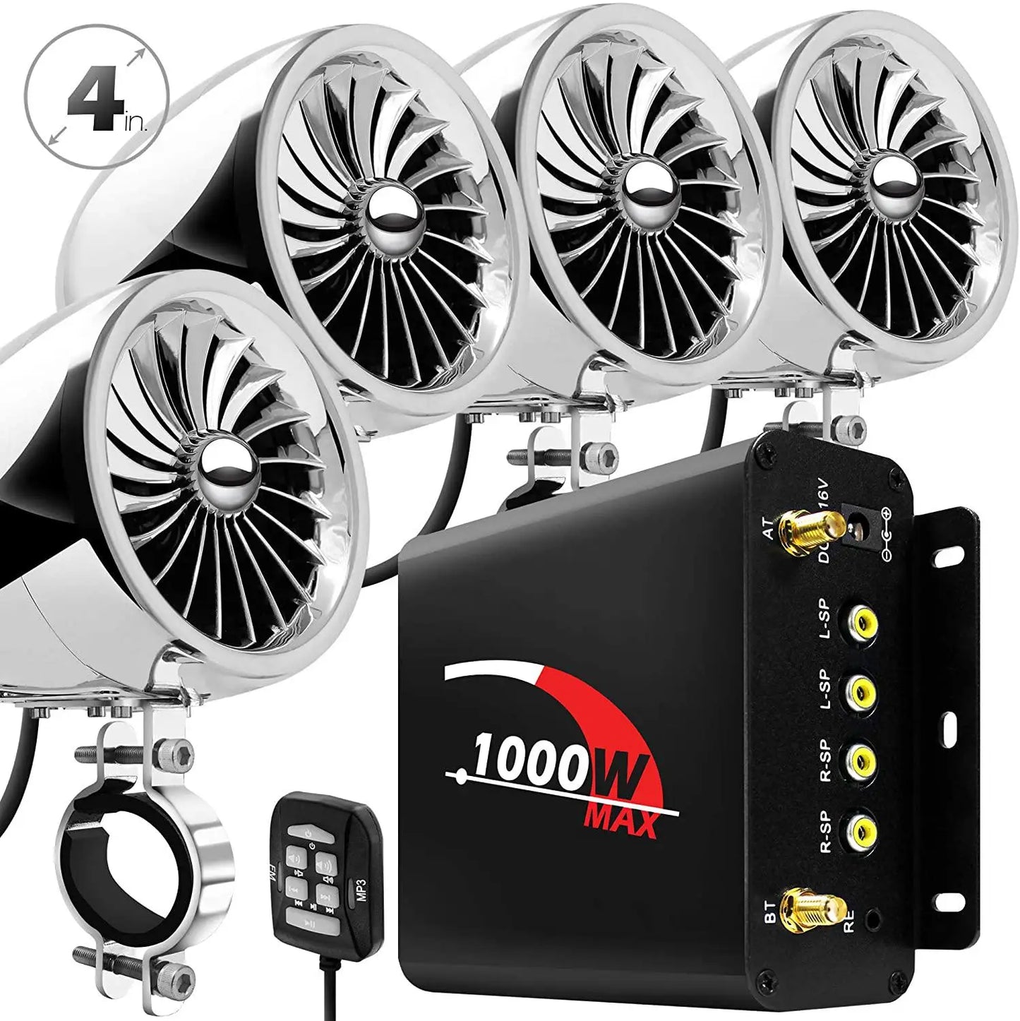 1000W Motorcycle Stereo Bluetooth Multmedia Amplifier 4 Speakers MP3 Audio Player System Support FM Radio, USB, SD Card, AUX