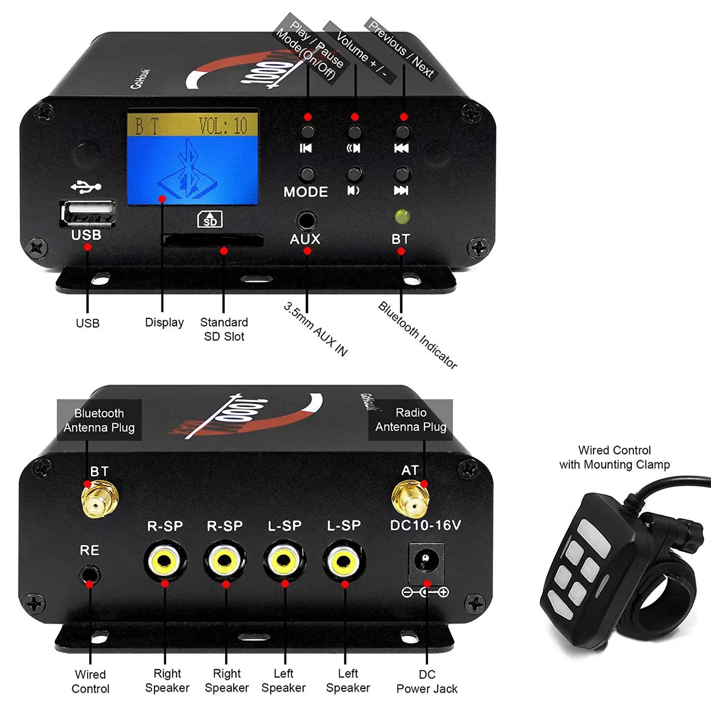 1000W Motorcycle Stereo Bluetooth Multmedia Amplifier 4 Speakers MP3 Audio Player System Support FM Radio, USB, SD Card, AUX