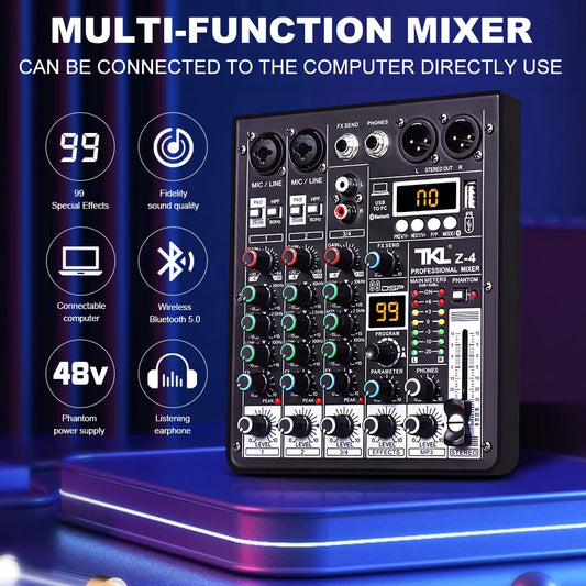 TKL 4 Channel 99 DSP Audio Mixer 48V Phantom Power USB Studio Sound Mixers Bluetooth DJ Console Mixing for Karaok