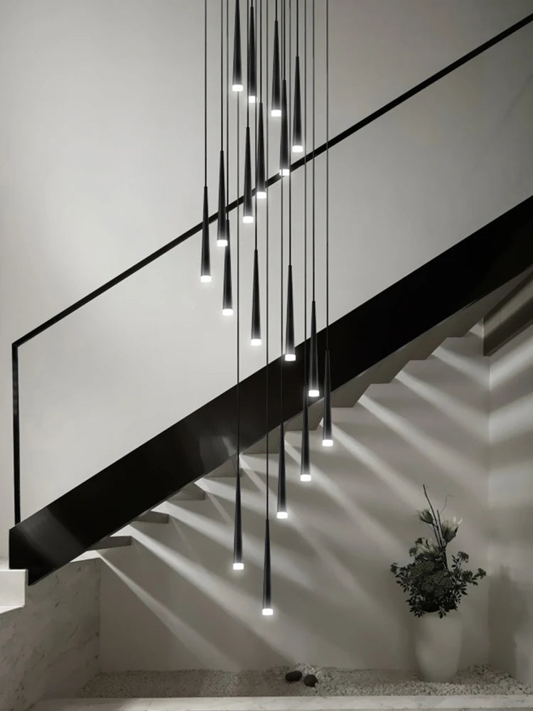 Modern Tapered Tube LED Chandelier Nordic Staircase Chandelier Minimalist Bar Chandelier Golden Black Duplex Long Hanging Lamp