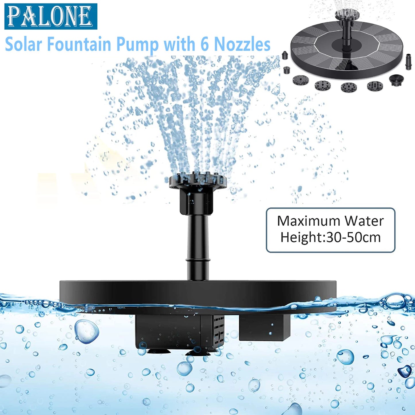 PALONE Solar Fountain Pump, Solar Water Fountain Pump with 6 Nozzles, Solar Powered Fountain Pump for Bird Bath, Ponds, Garden