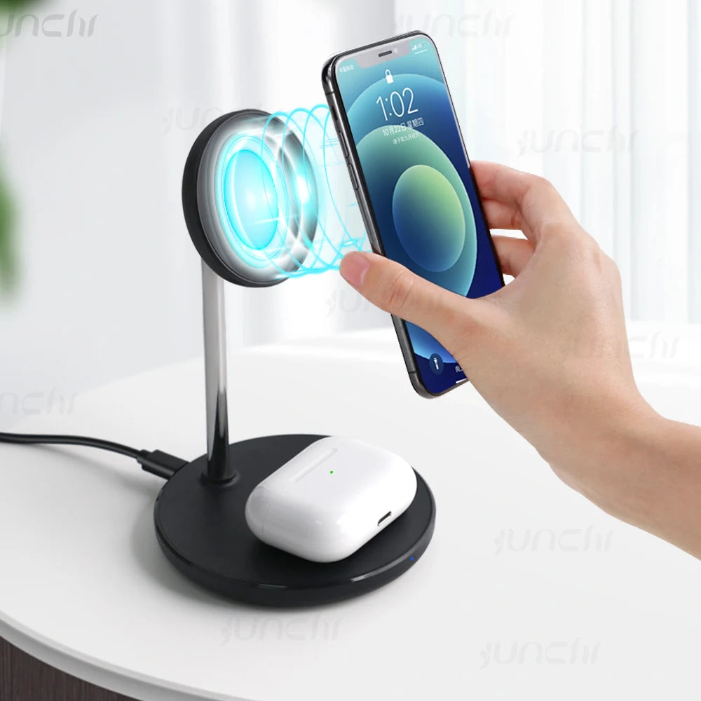 JUNCHI Magnetic Wireless Charger Stand 18W 2 in 1 Magcafe Charging Stand For iPhone 15 14 Pro iPhone 13 12 AirPods Fast Charger