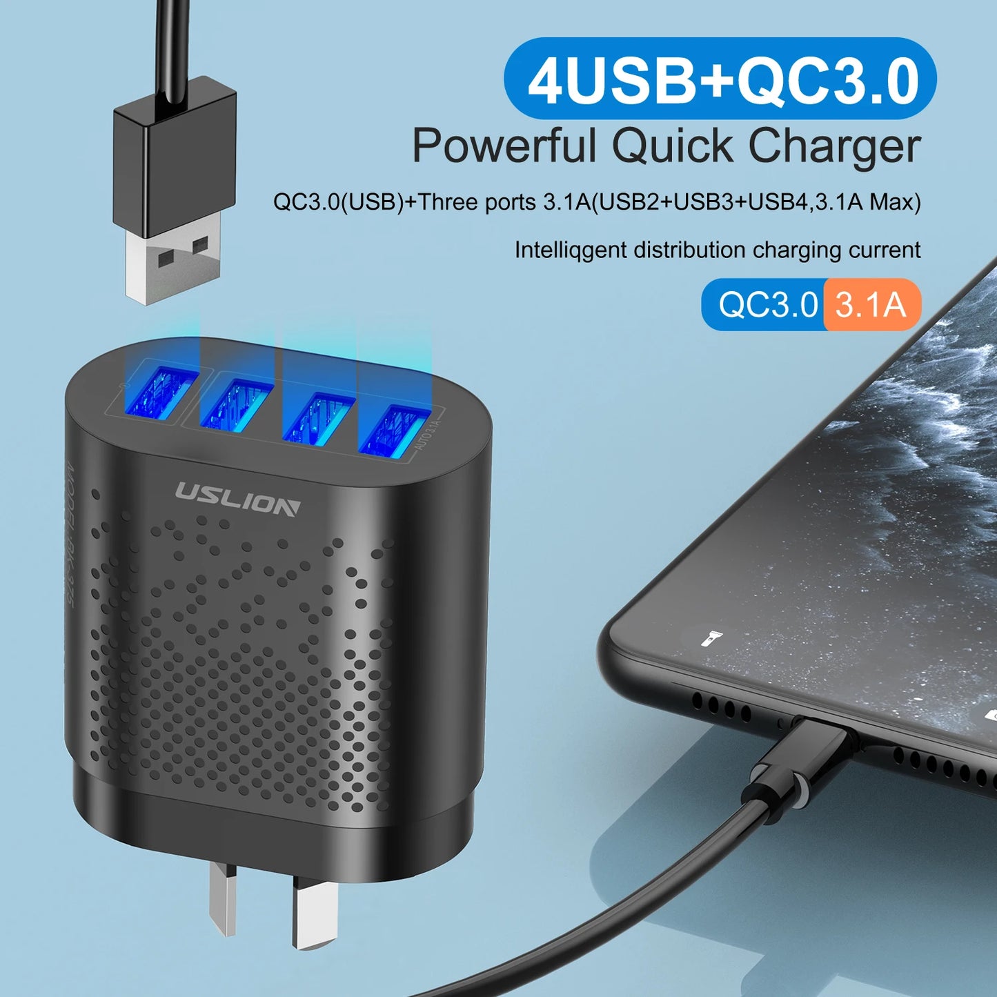 USLION AU 48W 4 ports Charger Travel Fast Charger USB Type C Quick Charger Australian Plug Mobile Phone Charger For iPhone Sony