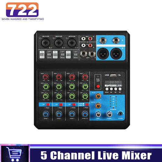 F-5A Audio Mixer 5-channel Sound Table Professional Mixer Computer Stage Recording USB Sound Card High Low Tone DJ Equipment