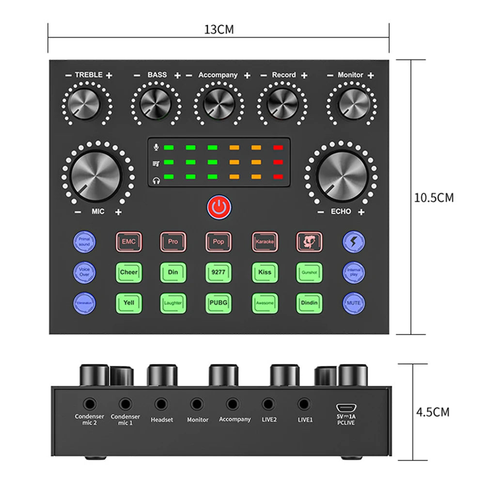 DJ Equipment Live Streaming for Computer Broadcasting Sound Card with 10 Sound Effects 3 Inputs Mic Input Portable Audio Devic