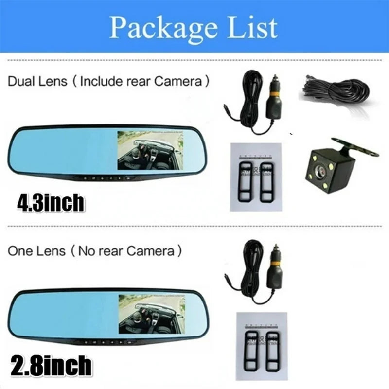 4.3/2.8inch Car DVR Rearview Mirror Driving Video Recorder Dual Lens Dash Camera 1080P IPS Front and Rear Camera Dash Cam