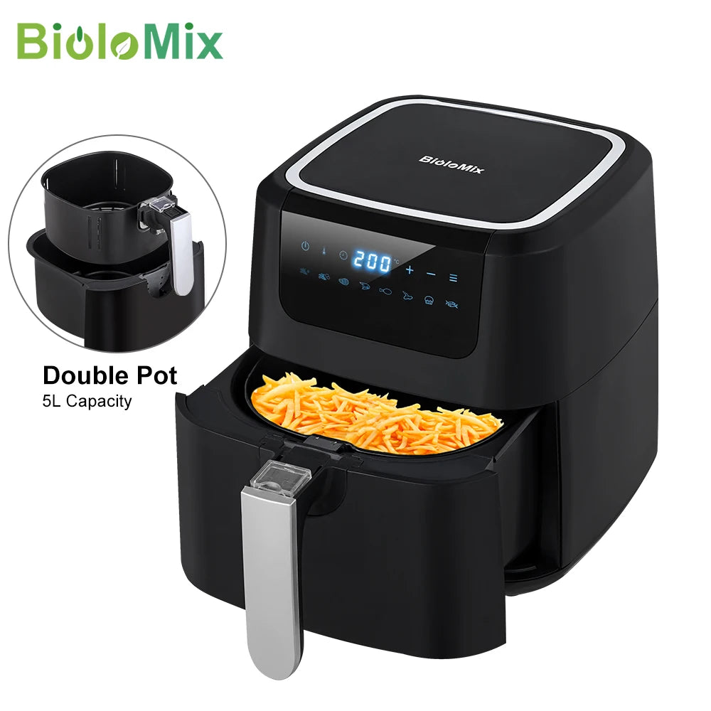 BioloMix Air Fryer One Touch Screen with 8 Cooking Functions, Nonstick double pot,5L Black Oilless Air Fryers Oven