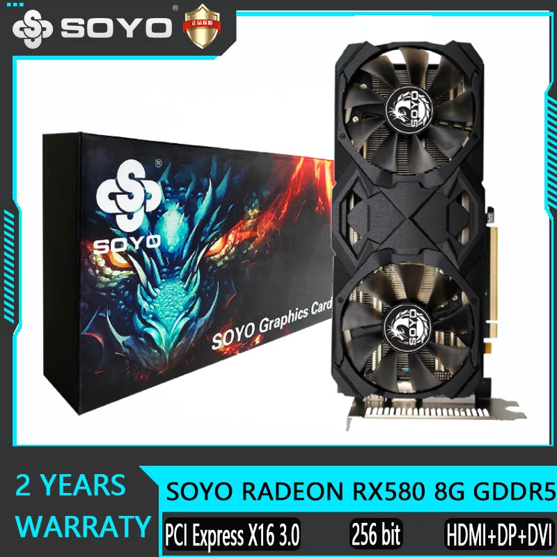 SOYO Video Card AMD RX580 RX590 GME 8GB Gaming GDDR5 256Bit PCI Express 3.0×16 GPU Computer placa de video 8 Pins Graphics Card