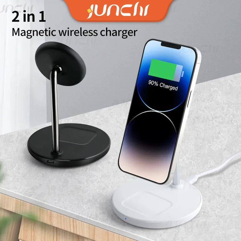 JUNCHI Magnetic Wireless Charger Stand 18W 2 in 1 Magcafe Charging Stand For iPhone 15 14 Pro iPhone 13 12 AirPods Fast Charger