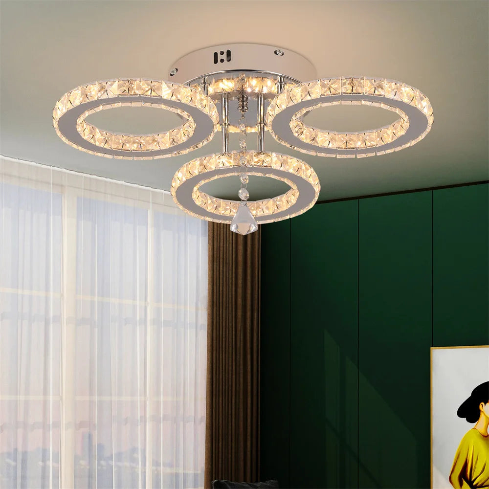 Modern Crystal Chandelier with App Dimmable Ceiling Light Fixture Rings Shape Flush Mount Chandelier for Bedroom Living Room