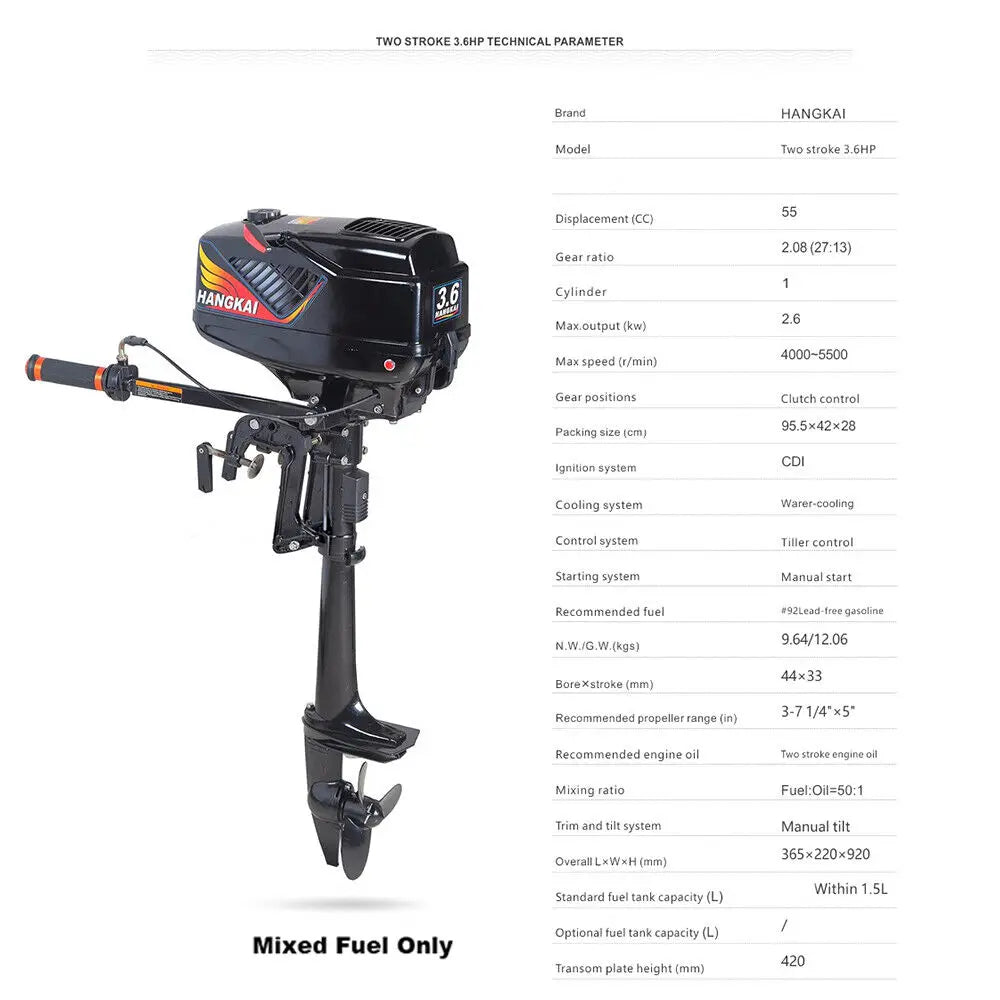 3.6HP 2 Stroke Heavy Duty Outboard Motor Electric Boat Motor Boat Engine CDI Ignition & Water Cooling System Short Shaft