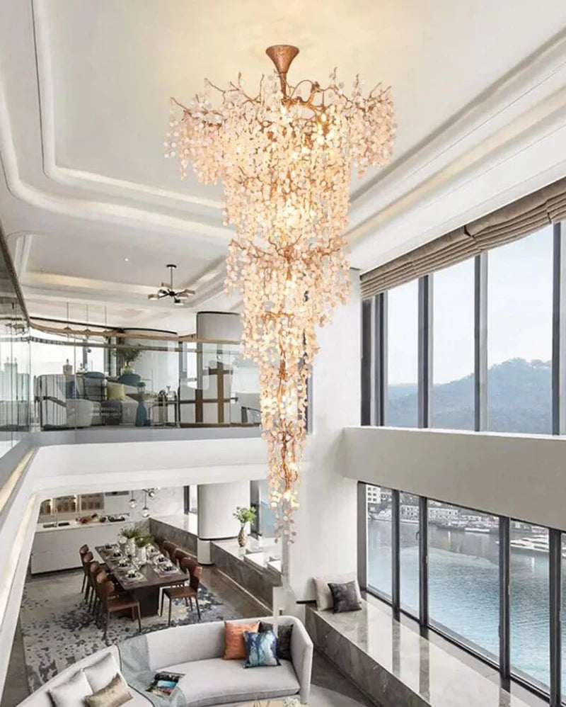 Large Foyer Gold Crystal Chandelier for living room Luxury Brass Tree Branches Staircase Ceiling light lobby hanging lamp