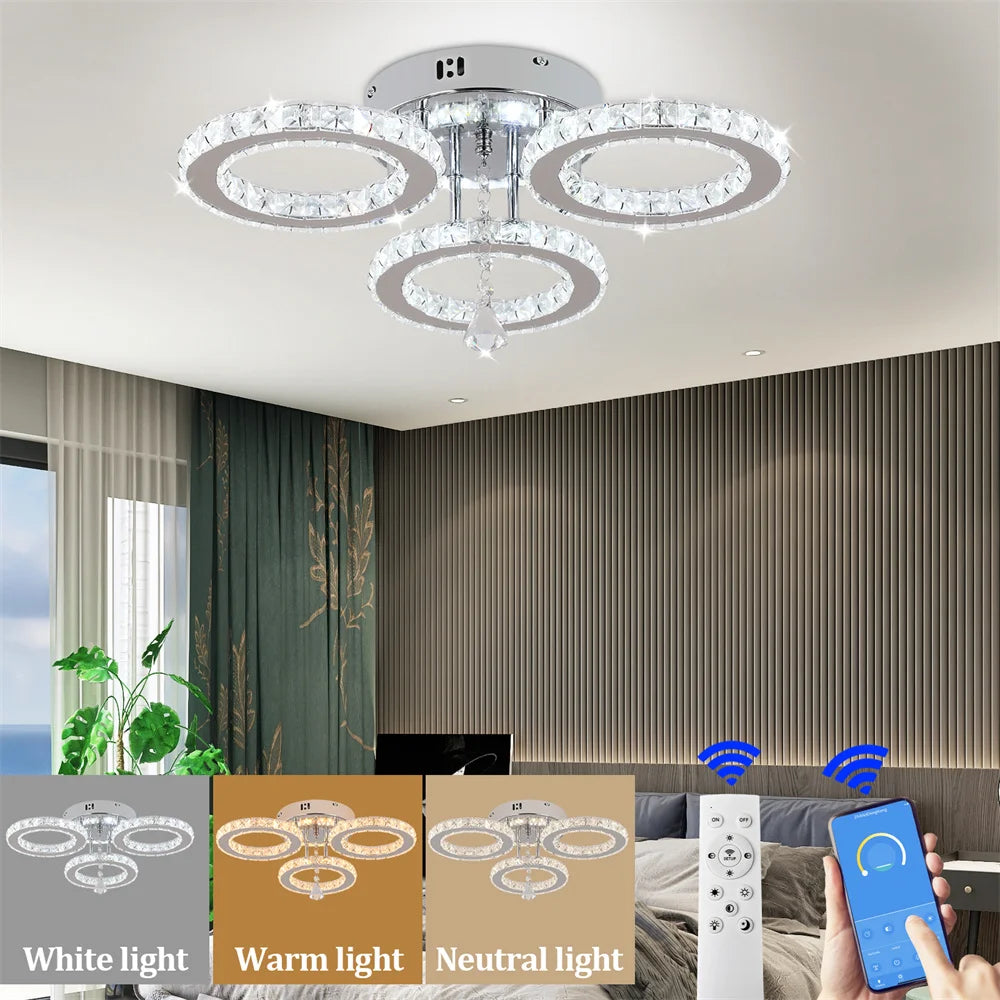 Modern Crystal Chandelier with App Dimmable Ceiling Light Fixture Rings Shape Flush Mount Chandelier for Bedroom Living Room