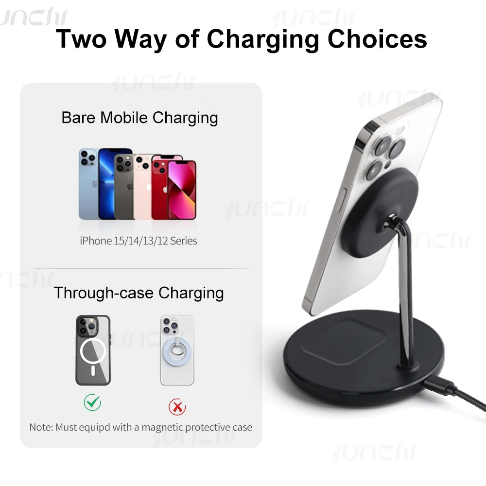 JUNCHI Magnetic Wireless Charger Stand 18W 2 in 1 Magcafe Charging Stand For iPhone 15 14 Pro iPhone 13 12 AirPods Fast Charger