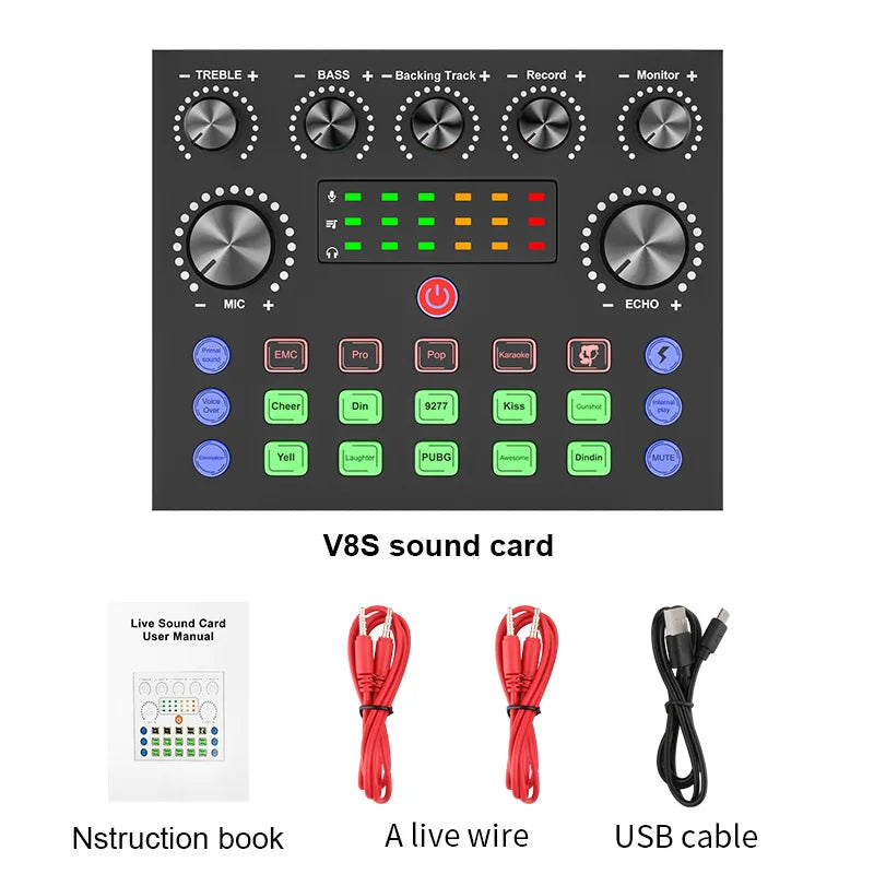 DJ Equipment Live Streaming for Computer Broadcasting Sound Card with 10 Sound Effects 3 Inputs Mic Input Portable Audio Devic