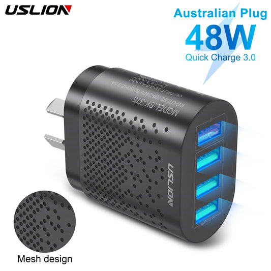 USLION AU 48W 4 ports Charger Travel Fast Charger USB Type C Quick Charger Australian Plug Mobile Phone Charger For iPhone Sony