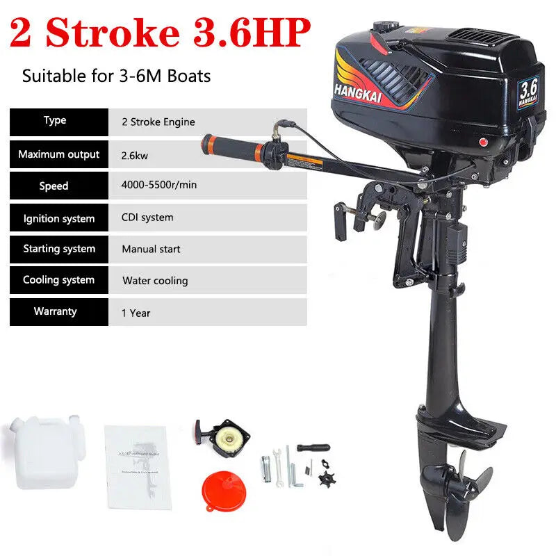 3.6HP 2 Stroke Heavy Duty Outboard Motor Electric Boat Motor Boat Engine CDI Ignition & Water Cooling System Short Shaft