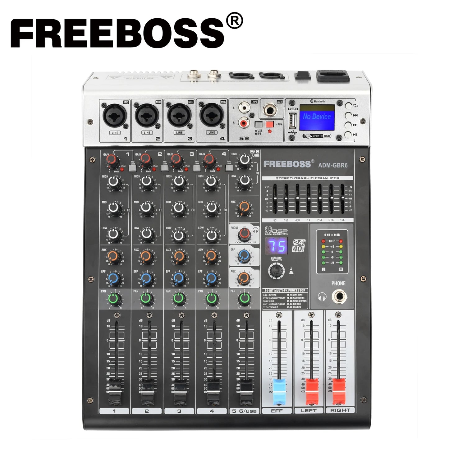 Freeboss 48V Phantom Power Repaeat Effect USB Function Bluetooth Karaoke DJ Console 99 DSP Mixer Audio 6 Channel ADM-GBR6