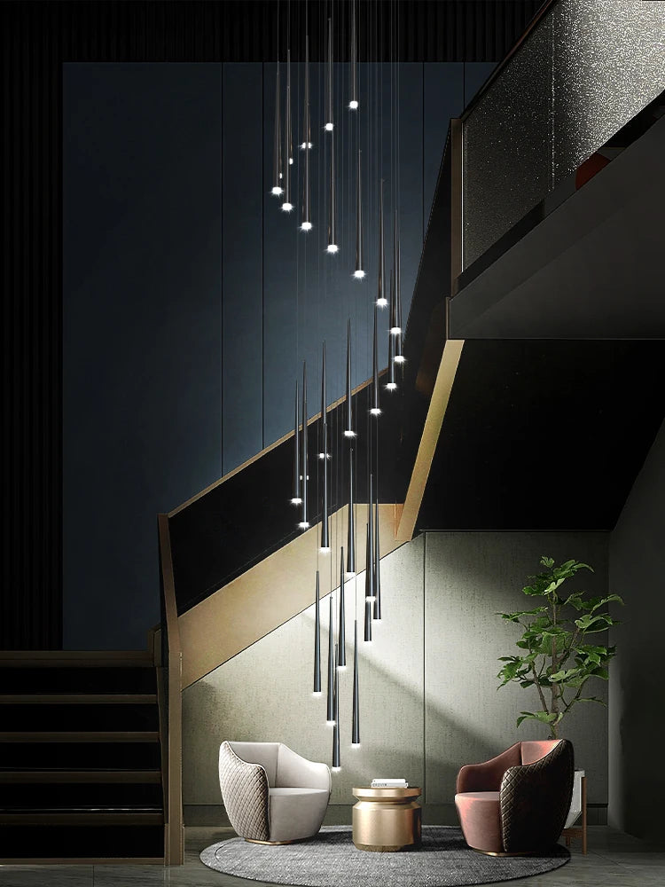 Modern Tapered Tube LED Chandelier Nordic Staircase Chandelier Minimalist Bar Chandelier Golden Black Duplex Long Hanging Lamp